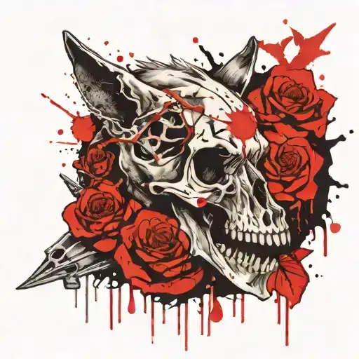 wolf skull with rose in maw tattoo design idea
