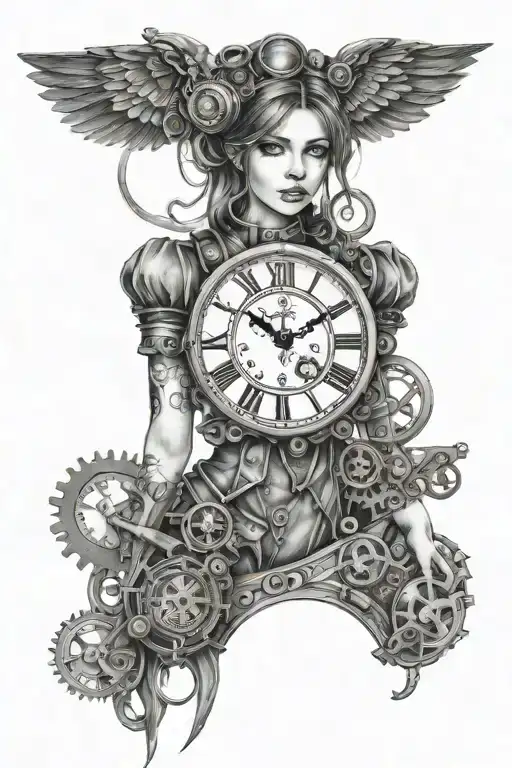 Young woman, steampunk, clock, industrial tattoo design idea