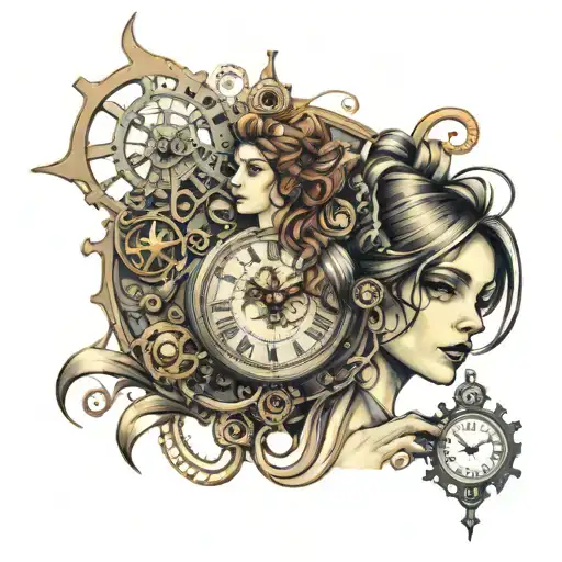 Steampunk, Clock, Young Woman tattoo design idea