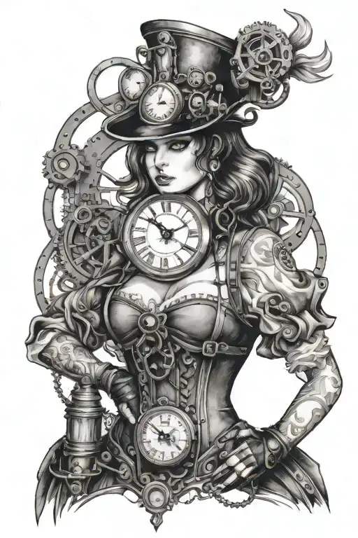 Young woman, steampunk, clock, industrial tattoo design idea