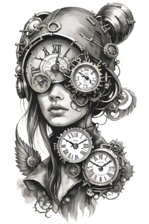 hidden face of a young woman, steampunk, clock, industrial tattoo design idea