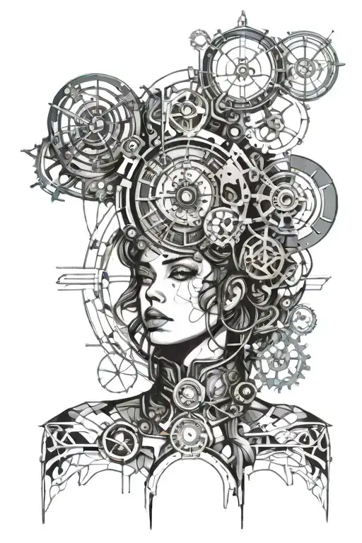 Young woman, steampunk, clock, industrial tattoo design idea