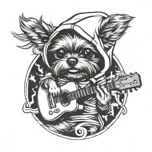 Design a tattoo of a yorkie dog in a hoodie playing guitar at a beach party surrounded by sexy women tattoo design idea