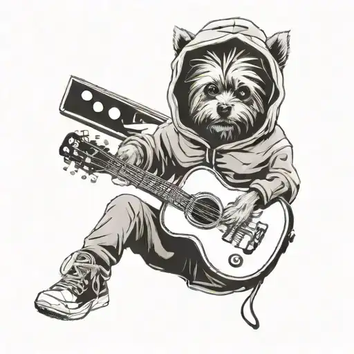 Design a tattoo of a yorkie dog in a hoodie playing guitar tattoo design idea