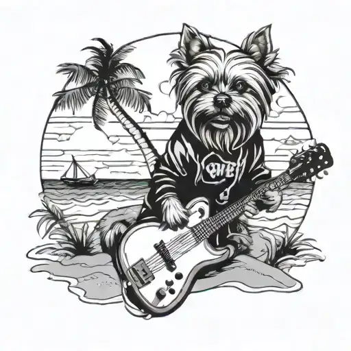 Design a tattoo of a yorkie dog in a hoodie playing guitar at a beach party surrounded by sexy women tattoo design idea