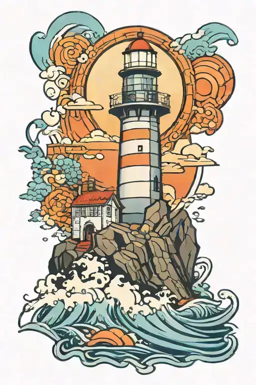 A mosaic-inspired tattoo design featuring a lighthouse overlooking the ocean, with a color scheme of blue and orange, tattoo design idea