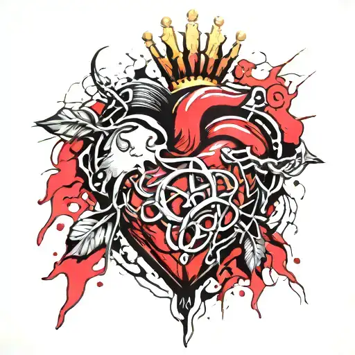 sacred heart, with a spear pierced through it, crown or thorns around it. flames out of the top of the heart tattoo design idea