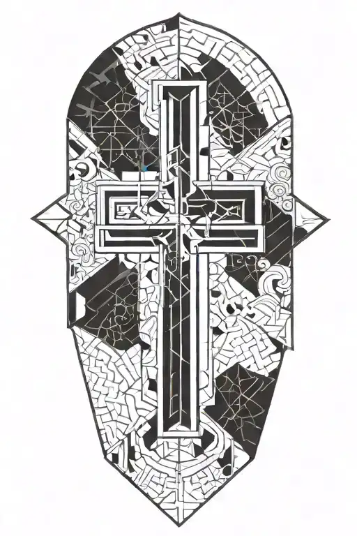 iron cross with geometric design next to it tattoo design idea
