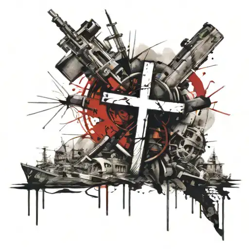 A trash polka style tattoo of a battlefield with a cross and scripture verses woven into the chaos of war tattoo design idea