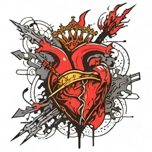 sacred heart, with a spear pierced through it, crown or thorns around it. flames out of the top  tattoo design idea