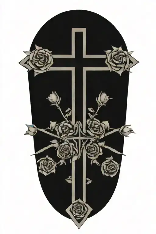 iron cross with roses with geometric designs next to it tattoo design idea