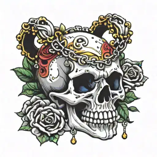 skull holding overflowing gauntlet rosary in hand  tattoo design idea