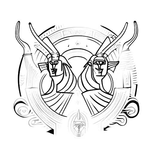 Anubis and Horus standing side by side, with the Eye of Horus above them tattoo design idea