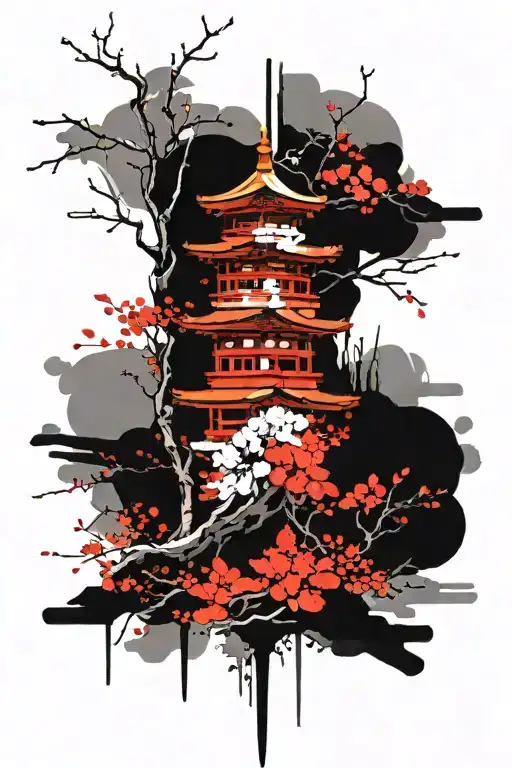 Japanese temple cherry blossom tree tattoo design idea