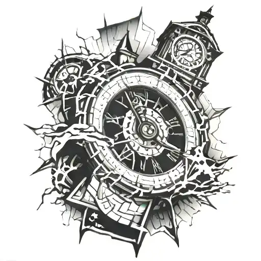 shattered clock tower tattoo design idea