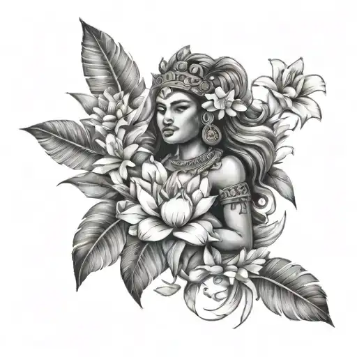 Create a tattoo of a Fijian goddess surrounded by tropical flowers tattoo design idea
