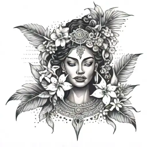 Create a tattoo of a Fijian goddess surrounded by tropical flowers tattoo design idea