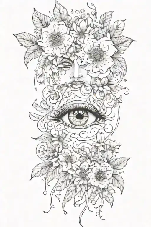 crying eyes surrounded by flowers tattoo design idea