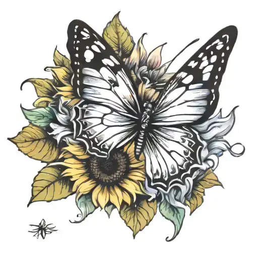 sunflower under crying eyes butterfly on top tattoo design idea