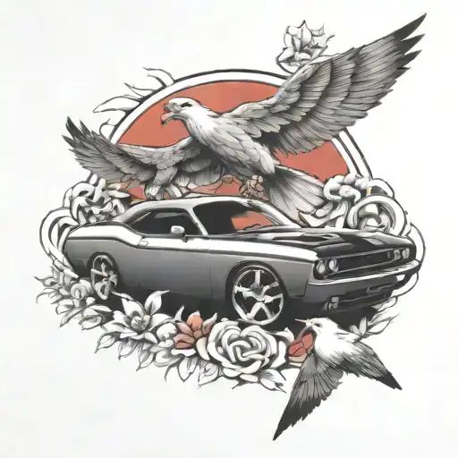 dodge challenger and doves tattoo design idea
