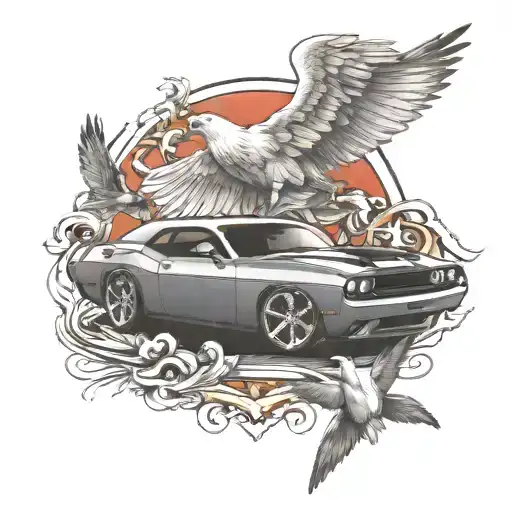 dodge challenger and doves tattoo design idea