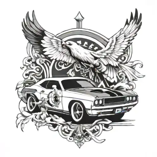 dodge challenger and doves tattoo design idea