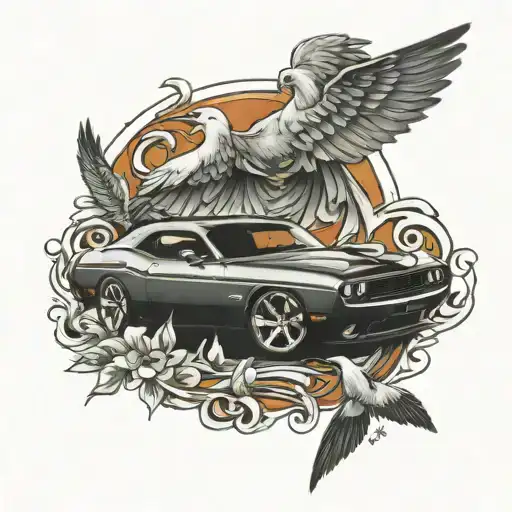 dodge challenger and doves tattoo design idea