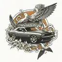dodge challenger and doves tattoo design idea
