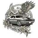 dodge challenger and doves tattoo design idea