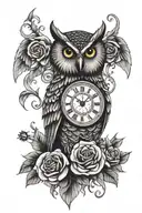 owl clock rose tattoo design idea