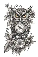 owl clock rose tattoo design idea