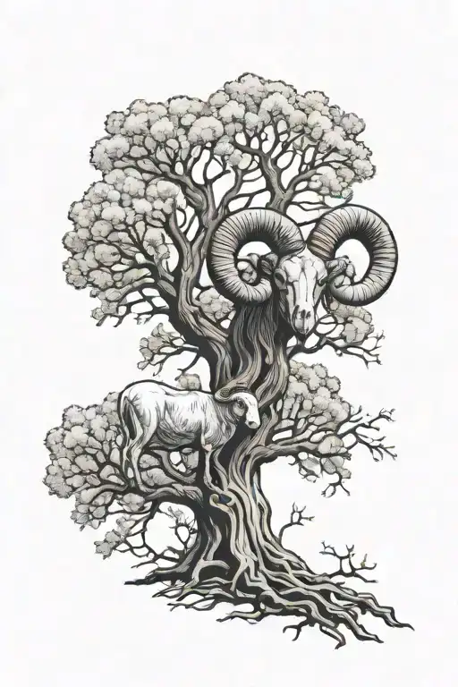 leafless tree with mighty ram under it tattoo design idea