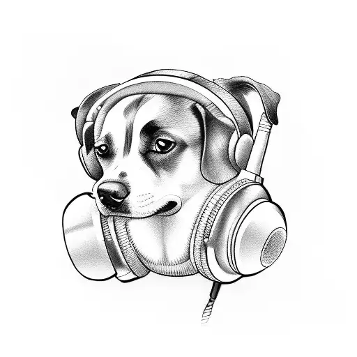A K-Pop inspired tattoo of a dog wearing headphones in blackwork style tattoo design idea