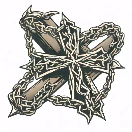 cross necklace crown of thorns around arm  tattoo design idea