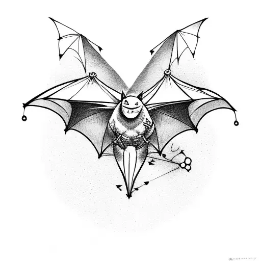 A bat flying through a video game level in a dotwork style tattoo design idea