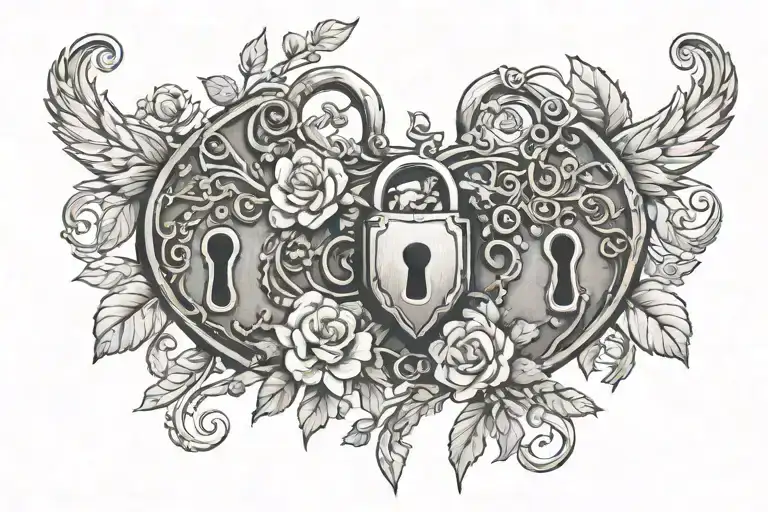 Illustrate a key and lock intertwined with vines and flowers, symbolizing the idea of unlocking eternal love tattoo design idea