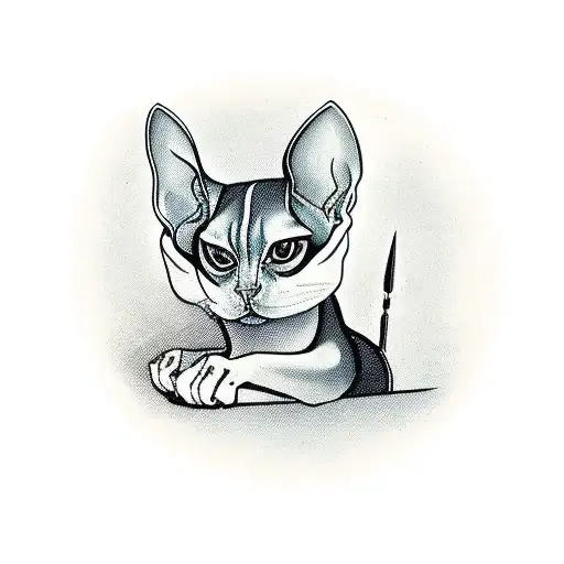 A sleek and stylish sphinx cat perched on a bar stool, with a knife and whiskey glass in its paws. tattoo design idea