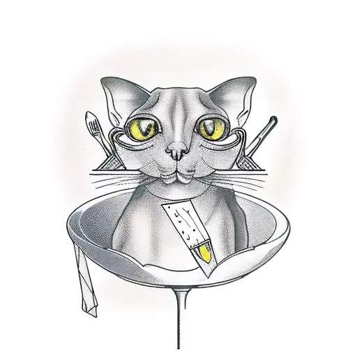 A sleek and stylish sphinx cat perched on a bar stool, with a knife and martini glass in its paws. tattoo design idea