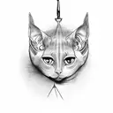 A sleek and stylish sphinx cat perched on a bar stool, with a knife and martini glass in its paws. tattoo design idea