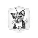 A sleek and stylish sphinx cat perched on a bar stool, with a knife and martini glass in its paws. tattoo design idea