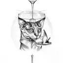 A sleek and stylish sphinx cat perched on a bar stool, with a knife and martini glass in its paws. tattoo design idea