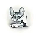 A sleek and stylish sphinx cat perched on a bar stool, with a knife and whiskey glass in its paws. tattoo design idea