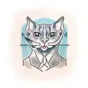 A sleek and stylish sphinx cat perched on a bar stool, with a knife and whiskey glass in its paws. tattoo design idea