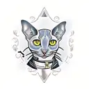 A sleek and stylish sphinx cat perched on a bar stool, with a knife and whiskey glass in its paws. tattoo design idea