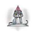 A sleek and stylish sphinx cat perched on a bar stool, with a knife and whiskey glass in its paws. tattoo design idea