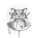 A sleek and stylish sphinx cat perched on a bar stool, with a knife and martini glass in its paws. tattoo design idea
