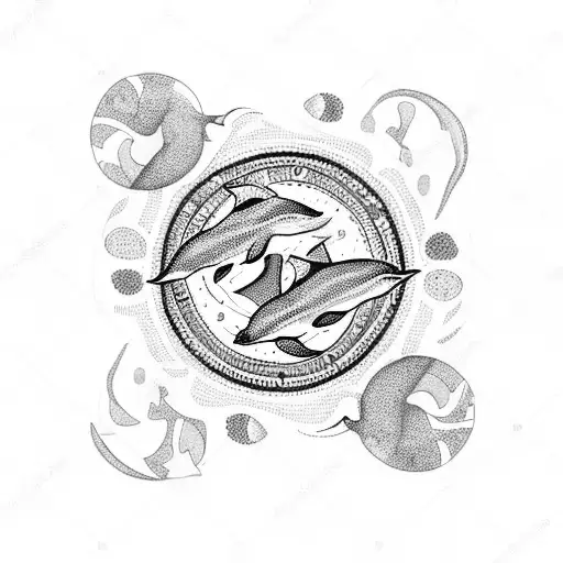 3 dolphins in a circle with beach and summer vibes around it tattoo design idea
