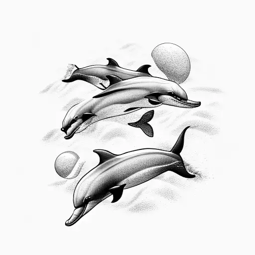 3 dolphins with beach and summer vibes around it tattoo design idea