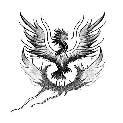 a powerful phoenix emerging from vibrant flames, its wings unfurled as it rises. The flames around the phoenix could be  tattoo design idea