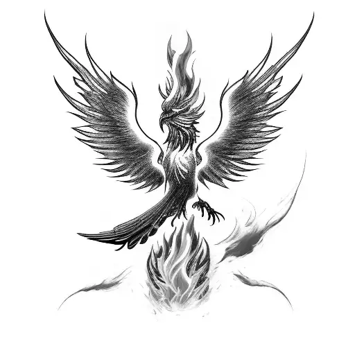 a powerful phoenix emerging from vibrant flames, its wings unfurled as it rises. The flames around the phoenix could be  tattoo design idea